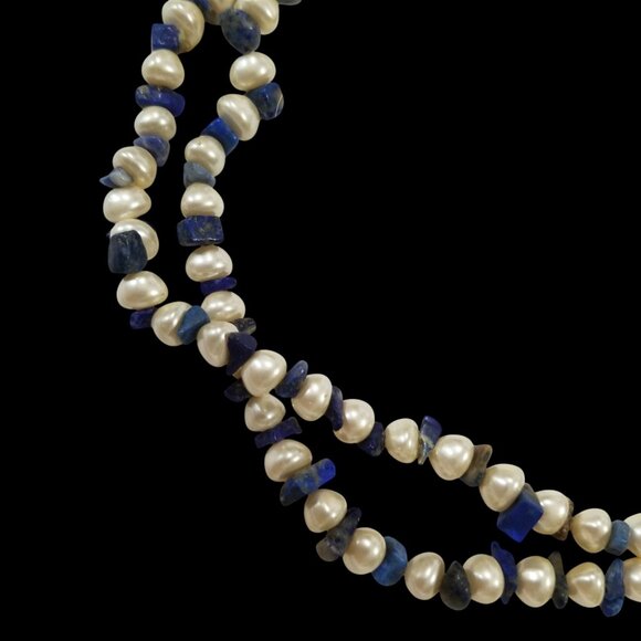 Pearls & Lapis Lazuli Choker Necklace Baroque Freshwater Pearls and Lapis Chips - Picture 3 of 10